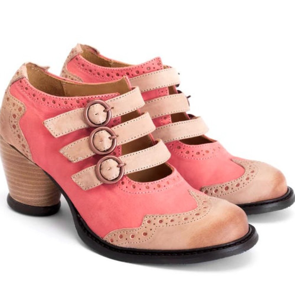 John Fluevog Kitchener triple strap Mary Jane, Salmon/Tan, size 12